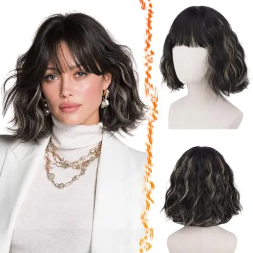 BARSDAR black mix blonde highlight French bob wig with wavy texture and bangs