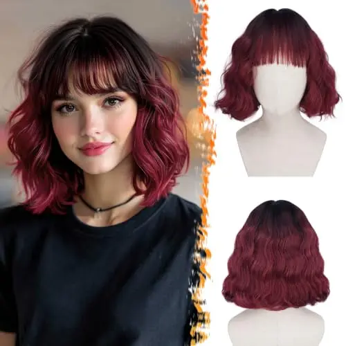 Short black to red ombre wavy bob wig with bangs
