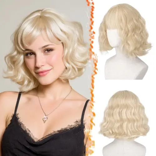 BARSDAR 12 inch short wavy blonde bob wig with bangs on a display head
