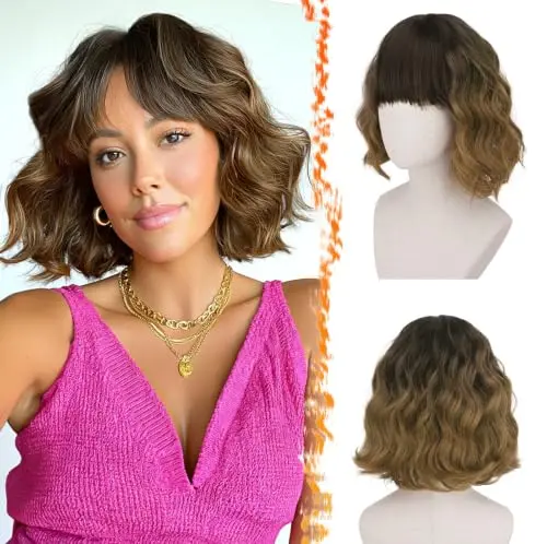 BARSDAR short wavy brown ombre bob wig with bangs