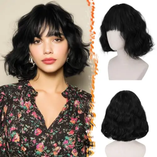 Black short wavy French bob wig with bangs