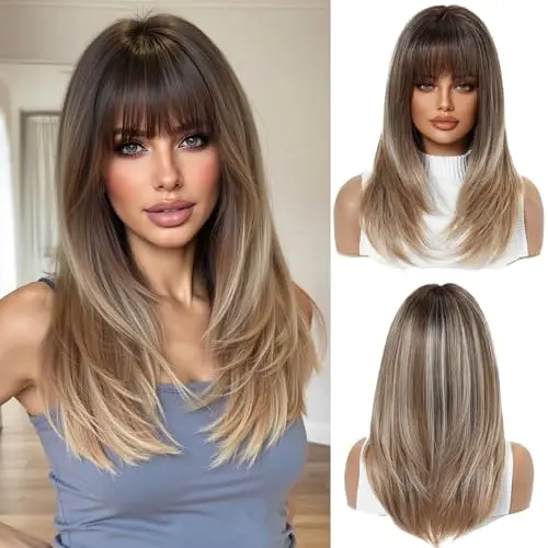 OUFEI long straight layered brown ombre blonde wig