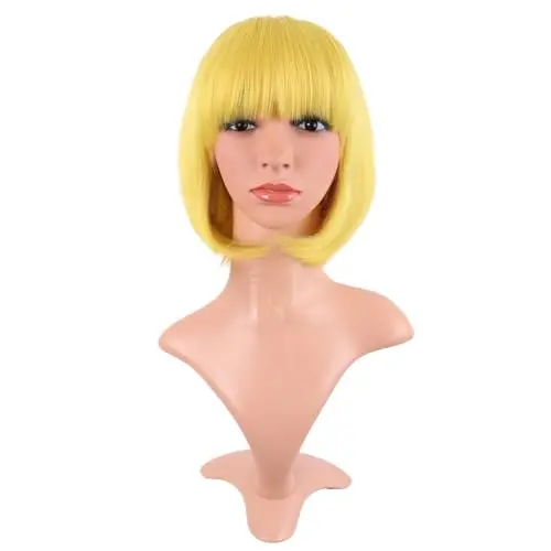 MapofBeauty 12 Inch Straight Flat Bangs Bob Wig in Yellow