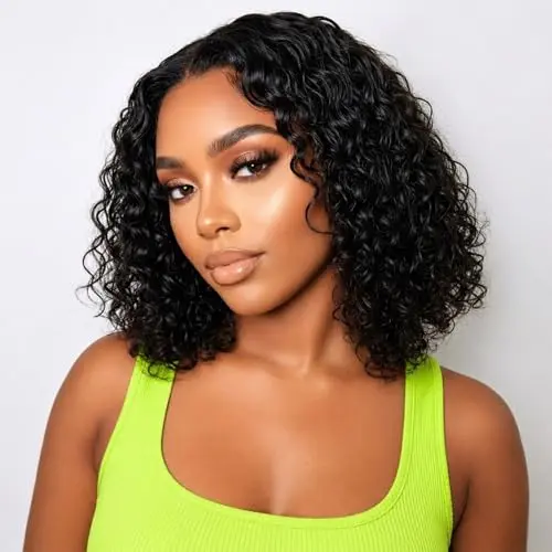 Model wearing a natural black 5x5 deep wave bob glueless wig with pre-cut lace