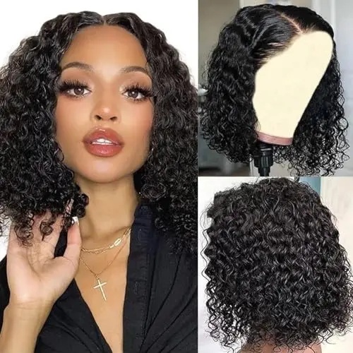 Sungirl 13x4 deep wave curly bob wig in natural black with 180 density and glueless lace front