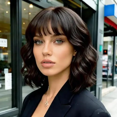 Rose bud wavy bob wig with bangs in dark brown synthetic hair