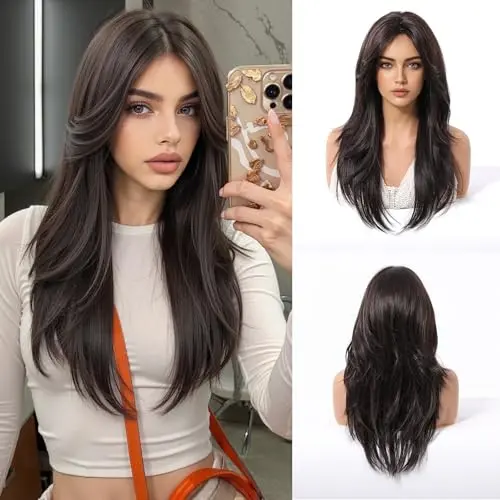 Long straight black brown synthetic wig with bangs