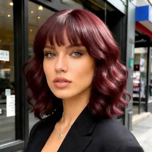 Rose bud wavy bob wine red wig with bangs