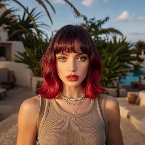 Twobla 16 Inch Ombre Bob Wig in Rooted Dark Cherry to Fiery Red