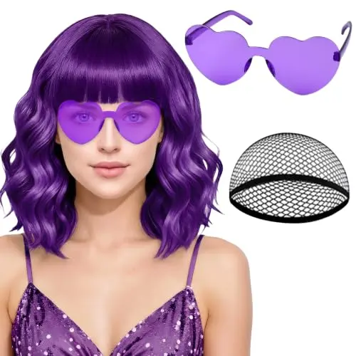 PLULON dark purple wavy bob wig with heart sunglasses