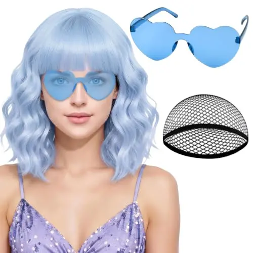Light blue wavy bob wig with bangs and heart shaped sunglasses