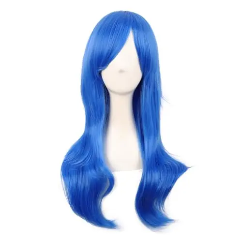 MapofBeauty bright blue 28 inch curly cosplay wig with side bangs