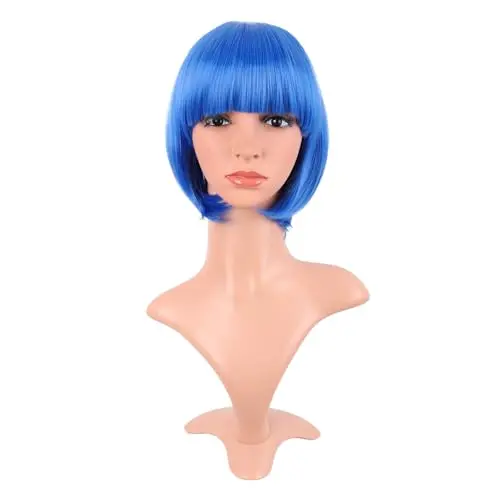 MapofBeauty bright blue straight bob wig with flat bangs