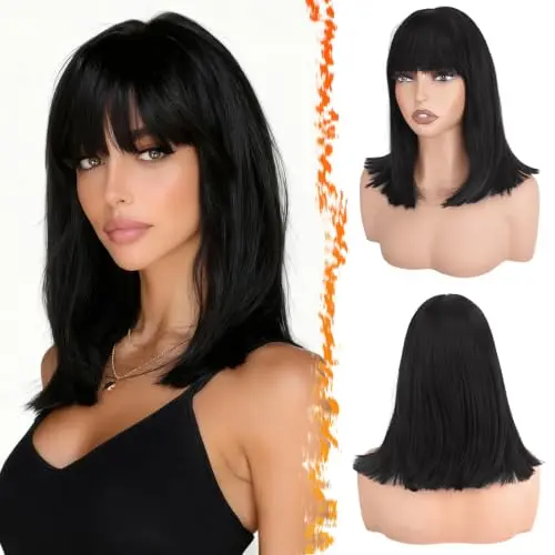 Short black bob wig with straight across bangs