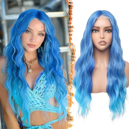 BARSDAR 28 inch blue ombre wavy lace front wig