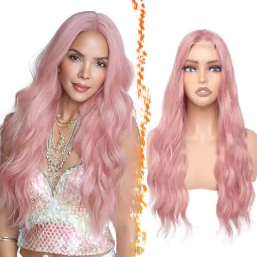 BARSDAR 28 inch pastel pink wavy lace front wig