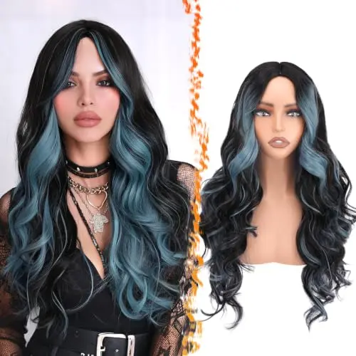 Black and teal blue calico wig with curtain bangs
