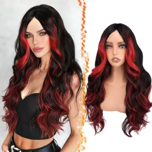 Long black and red highlight wavy calico wig with curtain bangs
