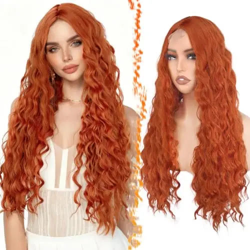 BARSDAR 30 inch long curly ginger wig with hand-tied lace front
