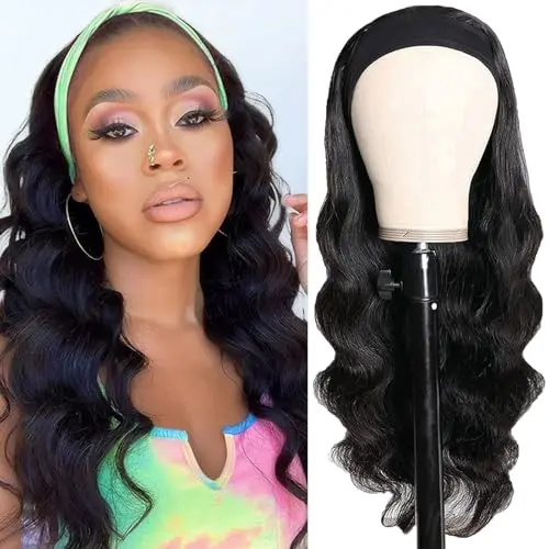 Coshgirl 14-inch natural colour body wave headband wig on a mannequin head