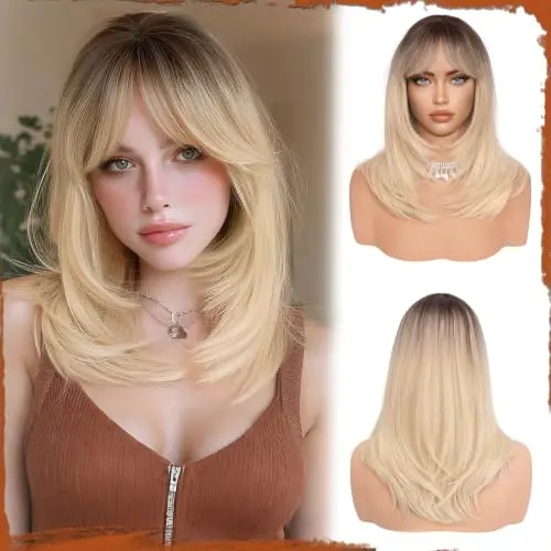 Sofeiyan 16 inch blonde wig with dark roots and bangs