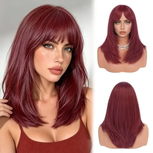 Long straight layered dark red burgundy wig with bangs on a model