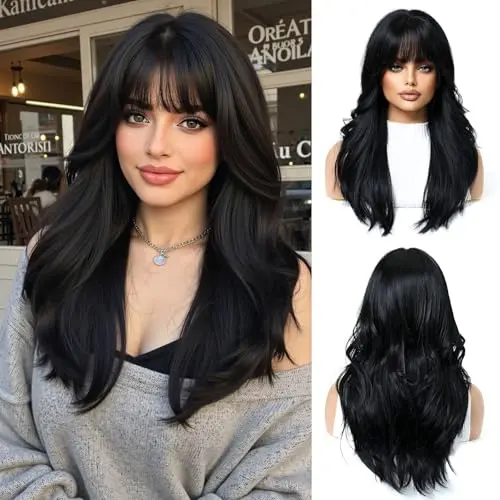 OUFEI 20-inch black wavy wig with bangs on mannequin