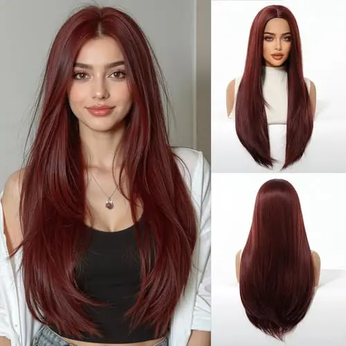 Front view of OUFEI 26-inch long straight reddish brown wig