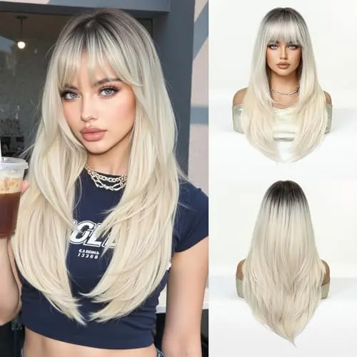 Esmee 24-inch straight layered platinum blonde synthetic wig with bangs