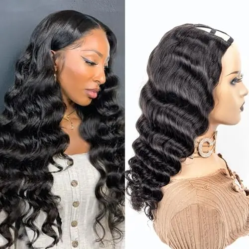 enzegongyi loose deep wave U-part wig in 1b black