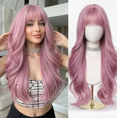 Esmee 24-inch wavy pink wig with fringe
