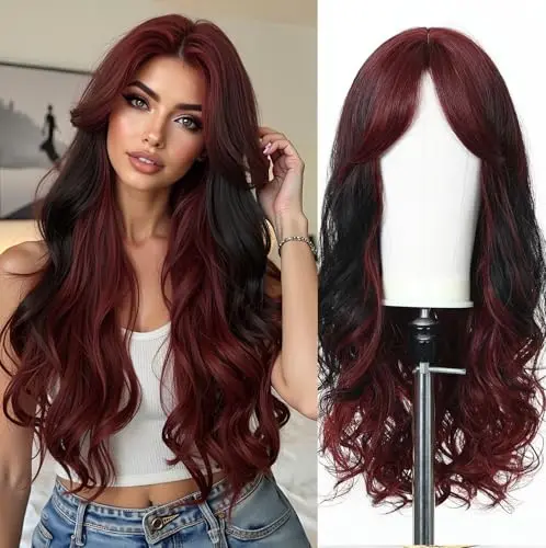 Esmee Long Wavy Burgundy Ombre Wig with Bangs
