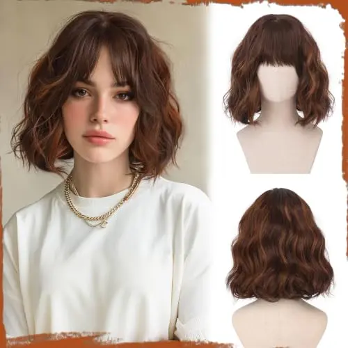 Sofeiyan Short Wavy Golden Chestnut Brown Bob with Bangs