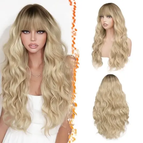 BARSDAR 26 inch long wavy natural blonde ombre wig with bangs on a model
