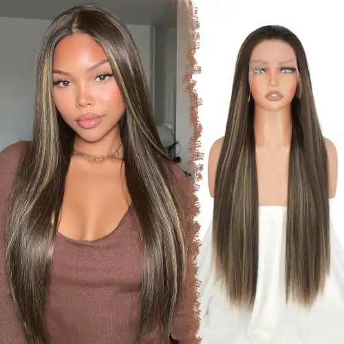 Feshfen 30 inch straight brown mix blonde lace front wig with pre-plucked hairline