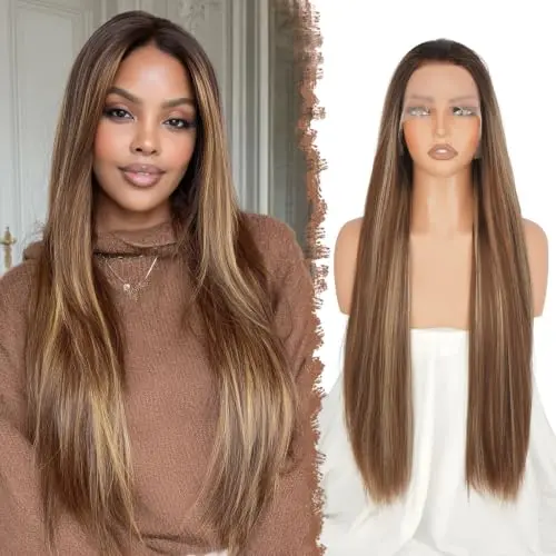 FESHFEN 13x4 lace front 30 inch straight ombre brown blonde synthetic wig