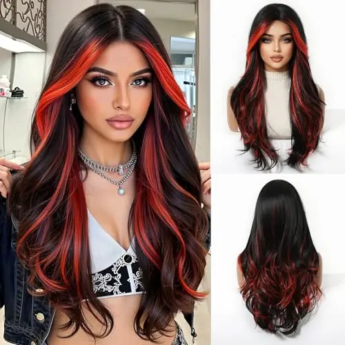 OUFEI black long wavy synthetic wig with red highlights on a mannequin
