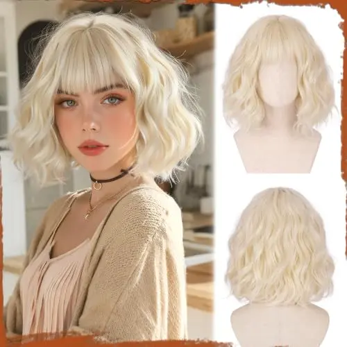 Sofeiyan short platinum blonde wavy bob wig with bangs