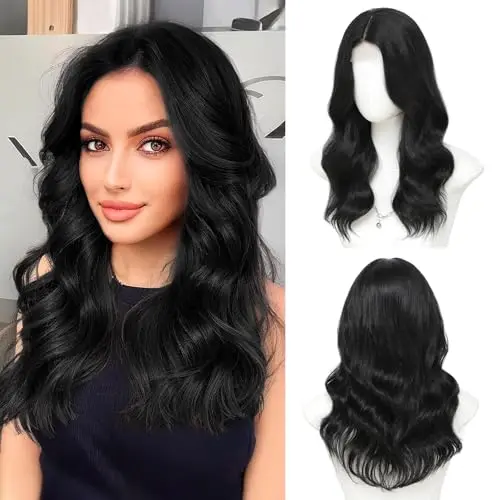 Medium length short curly wavy black wig with natural hairline