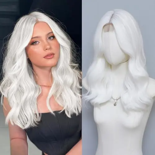 MORICA white medium length curly wavy wig with middle part