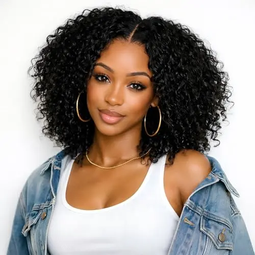 Tunfine V Part Kinky Curly Human Hair Wig 20 Inch
