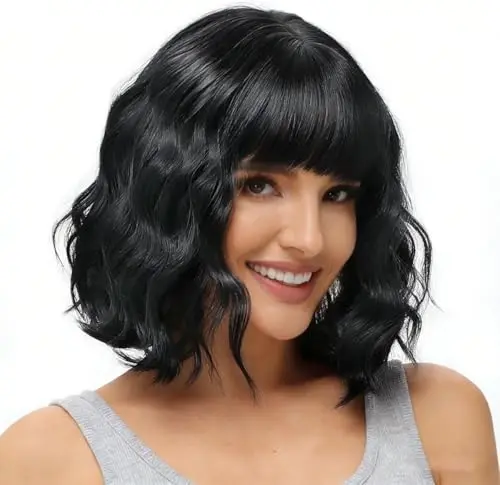 Rose bud 12 inch natural black synthetic curly bob wig with arched bangs