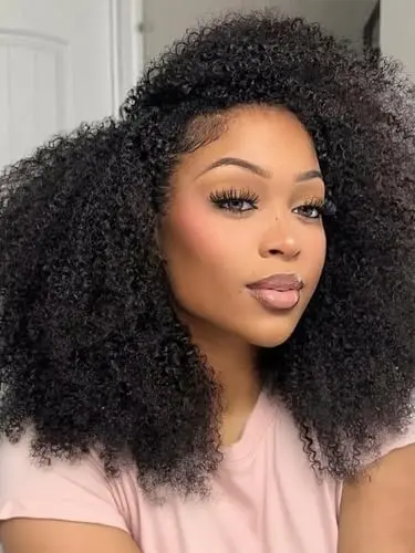 Querary kinky curly half wig in natural black with invisible hairline