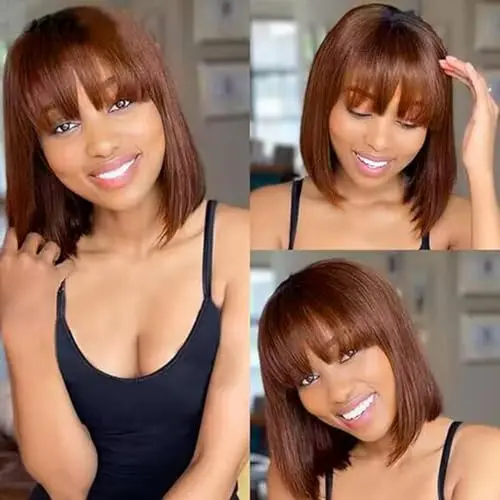Datanala human hair blunt cut silk bob wig with bangs