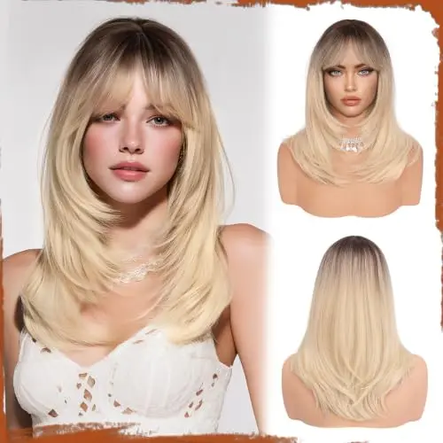 Sofeiyan layered blonde dark root 20-inch synthetic wig with bangs