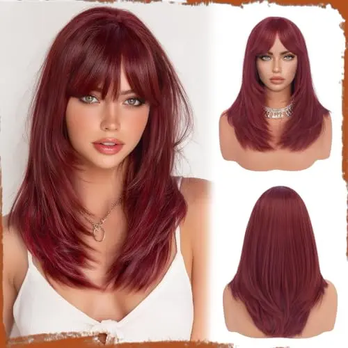 Layered dark red burgundy wig with bangs and natural straight length