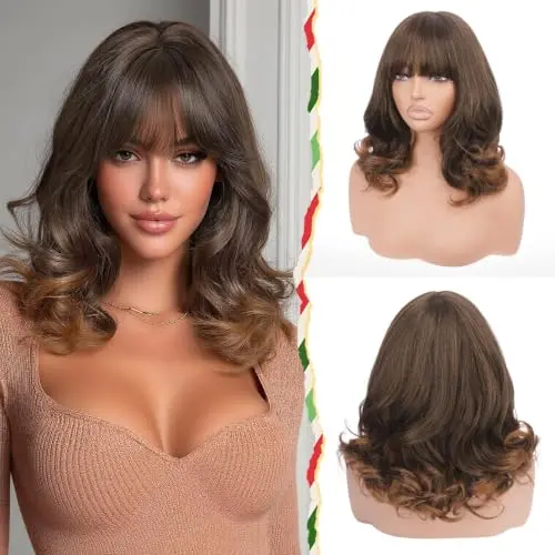 Sidaila 16 inch layered body wave wig in auburn mix dark brown with bangs