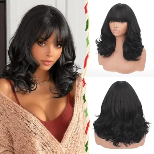 Sidaila 16-inch black body wave synthetic wig with bangs