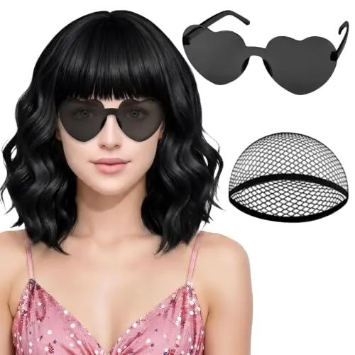 PLULON Black Wavy Bob with Heart Sunglasses