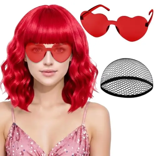 PLULON red wavy bob wig with heart sunglasses and wig cap